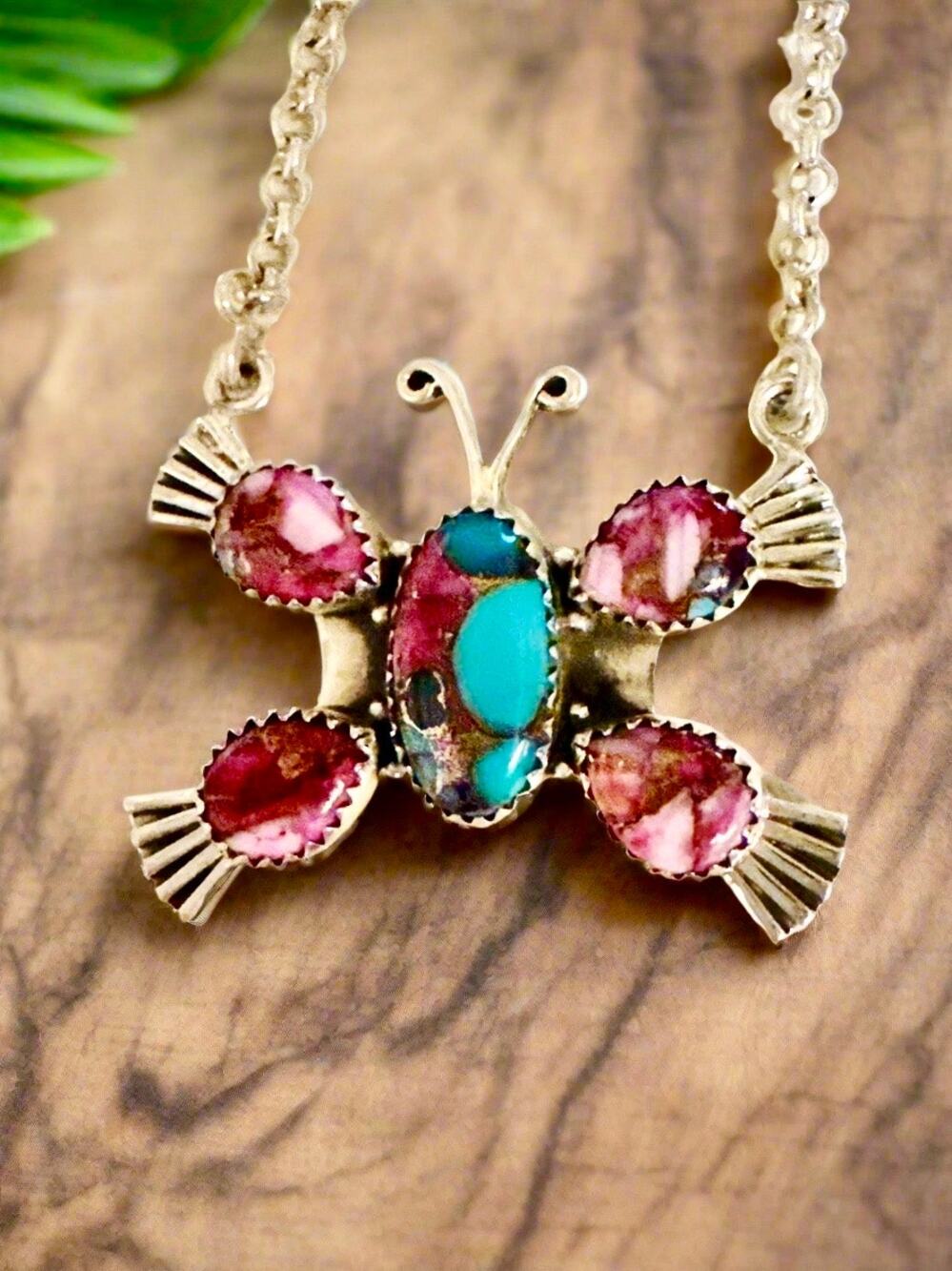 Pink Spiny Oyster Butterfly Sterling Silver Adjustable Necklace 18”